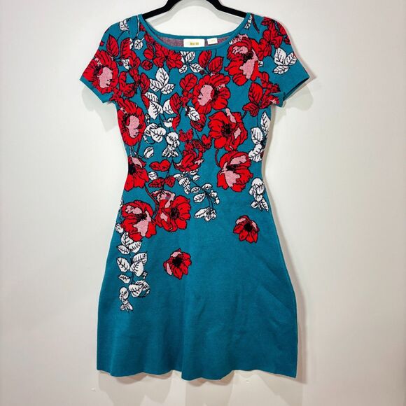 Maeve Anthropologie Jacqueline Floral Jacquard Sweater Dress XS Teal Blue Bloom - Picture 1 of 7